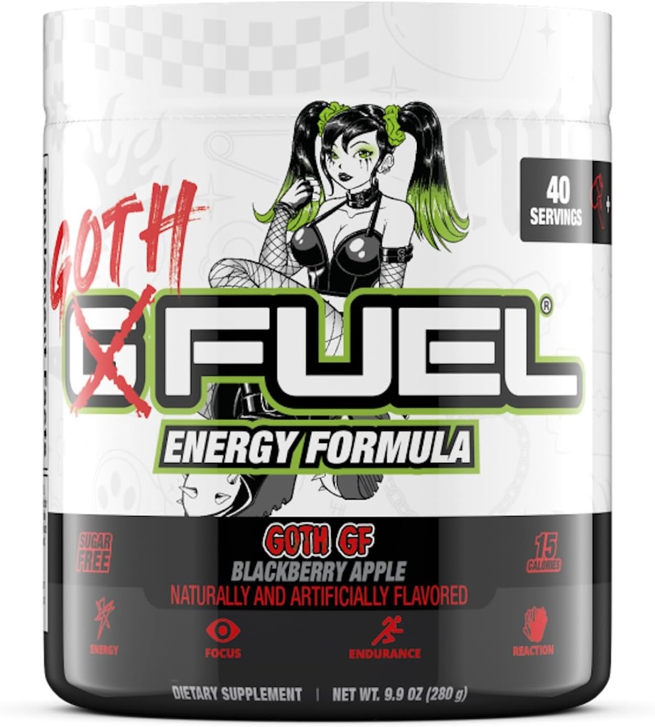 G Fuel Goth GF Energy Drink Powder, Pre Workout Caffeine Powder, Energy Powder Drink Mix for Gaming, Sugar Free Focus Amino, Vitamin + Antioxidantien, 9.9oz (Blackberry Apple, 40 Portionen)