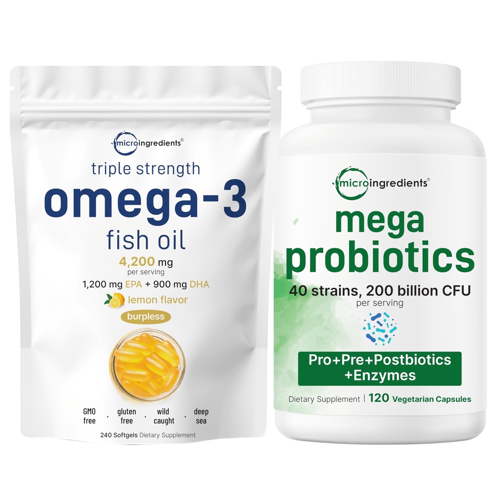 Micro Ingredients Omega-3 Fish Oil 4,200mg Softgels & Mega Probiotics 200 Billion CFU Veggie Capsules | 2 Pack Bundle | Wild-Caught, Burpless, Lemon Flavor | 40 Strains + Inulin, Acacia, & Bromelai