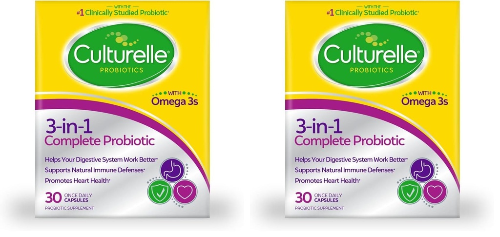 Culturelle 3-en-1 Probiotic Daily Formula, Une fois par jour Probiotic Supplement, aide votre système digestif à mieux fonctionner, soutient les défenses immunitaires naturelles, plus Omega 3's, non-OGM, 30 comtes (paquet de 2)