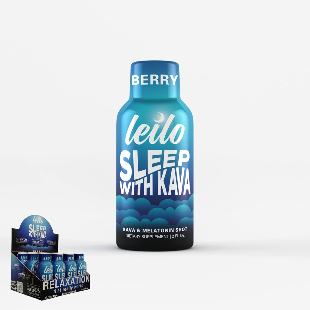 Leilo | Dormire Shot w/Melatonin (3mg) & Kava, GABA, Magnesium| Supplemento liquido | Zucchero-Free | Aroma di bacche, 2 once, Confezione da 12