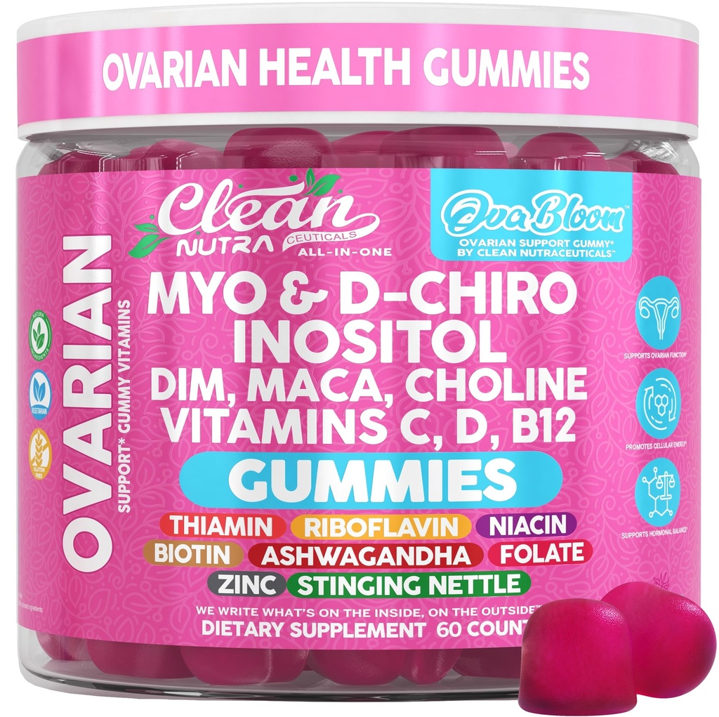 OVA Bloom Ovarian Support Gummies Myo Inositol D-Chiro Inositol Choline Flax Biotin Riboflavin Thiamin Niacin Ashwagandha DIM Maca Root Vitamin C D3 B12 Zinc 60 Count By Clean Nutra