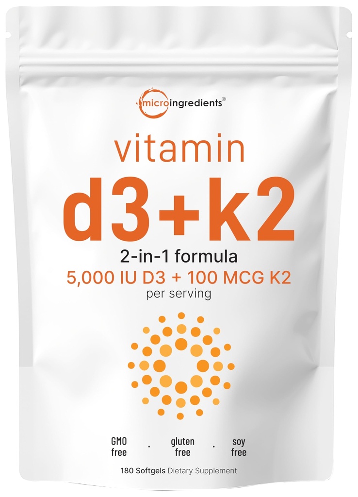 Micro Ingredients Vitamin D3 5.000 IE + K2 MK-7 100 mcg, 180 Softgels | 2-in-1-Formel | Einfach zu schlucken, Nicht-GVO