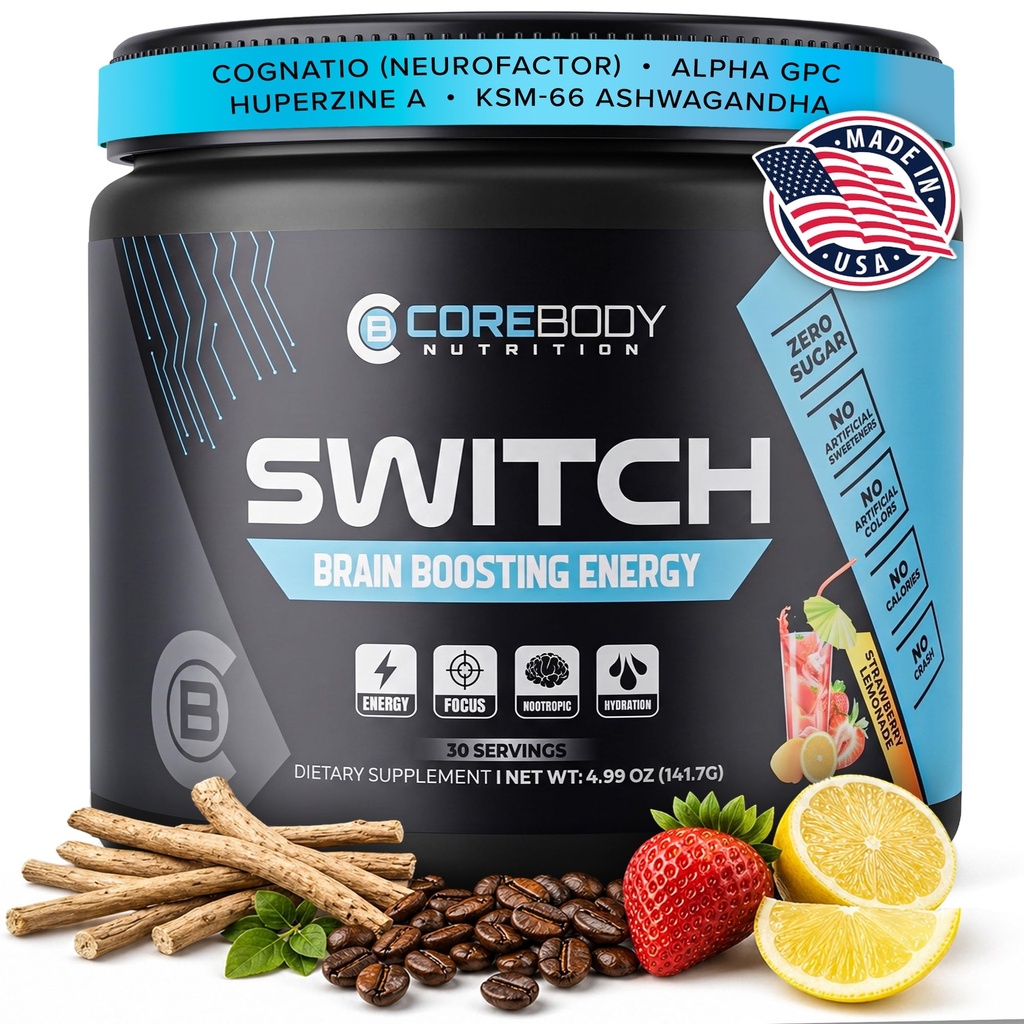 Switch, Brain Boosting Nootropic Energy Supplement Powder - Made in USA - Alpha GPC, NALT, Ashwagandha, Sugar Free Energy, Keto, Aumentare la concentrazione mentale e la funzione cognitiva, Migliora Mood & Memory