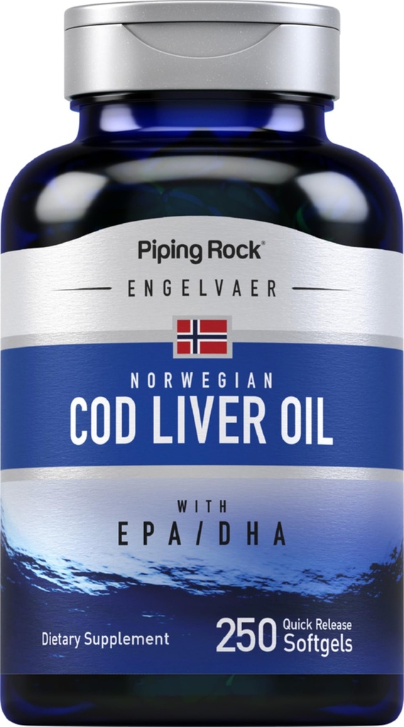 Piping Rock Cod Liver Oil Softgels | 250 Count | mit EPA DHA | Engelvaer Norwegian | Non-GMO, Gluten kostenlose Ergänzung
