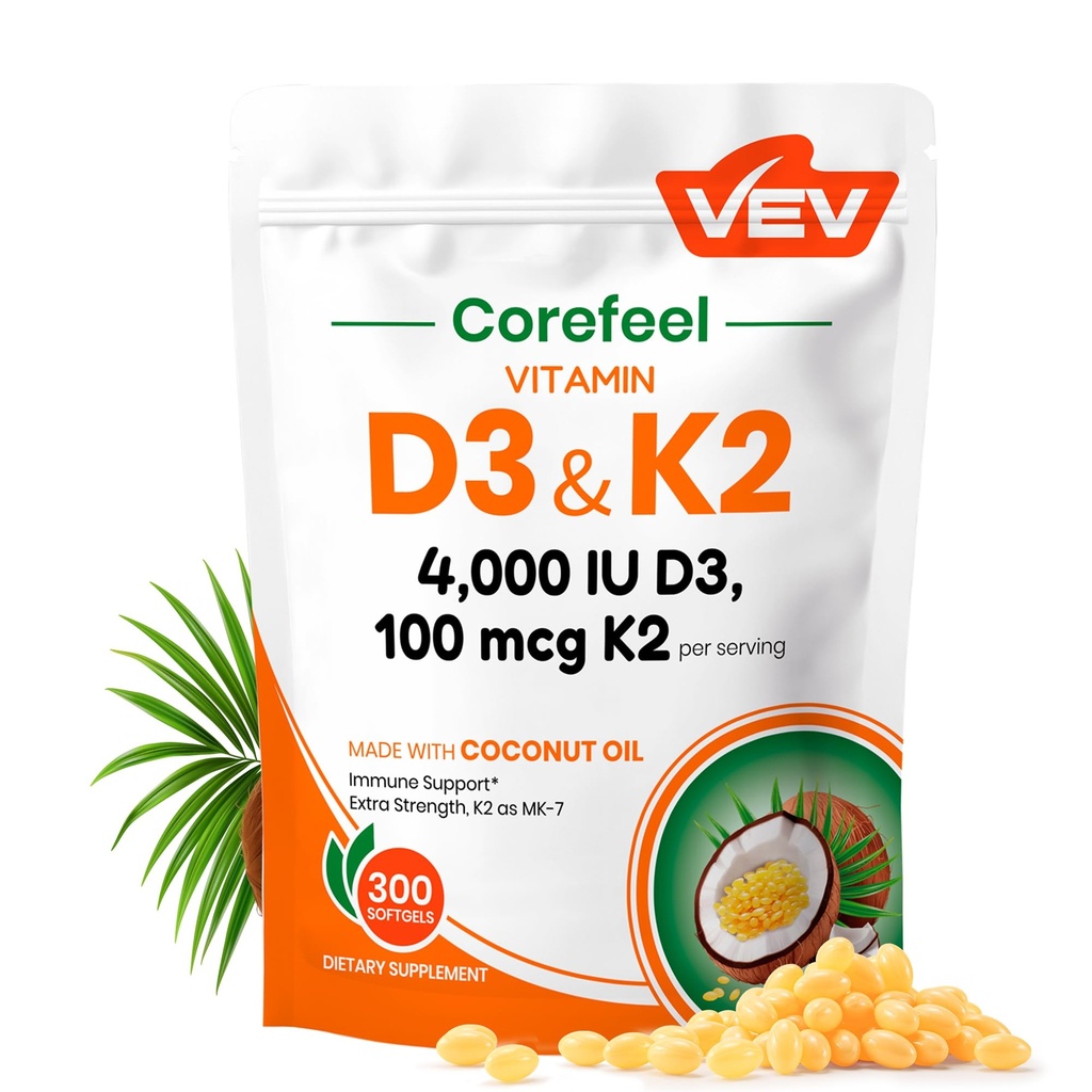 VEV Vitamin D3 K2 4.000 IE, 100 mcg MK-7, 300 Softgels mit Kokosnussöl, leicht zu schluckendes K2 D3 Vitaminpräparat, tägliche Nährstoffunterstützung