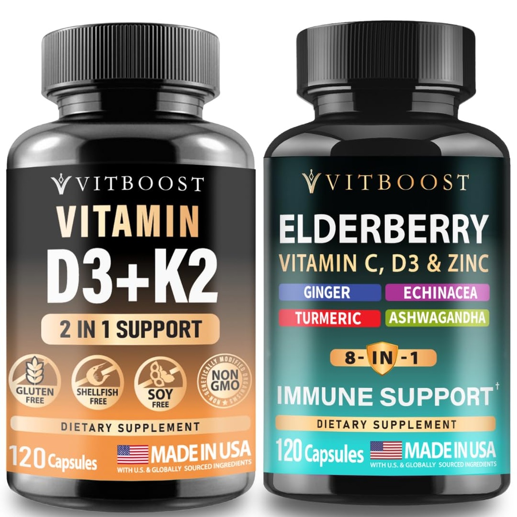 Vitamin D3 K2 Complex with Elderberry Immune Support Supplement 8-in-1 Formula