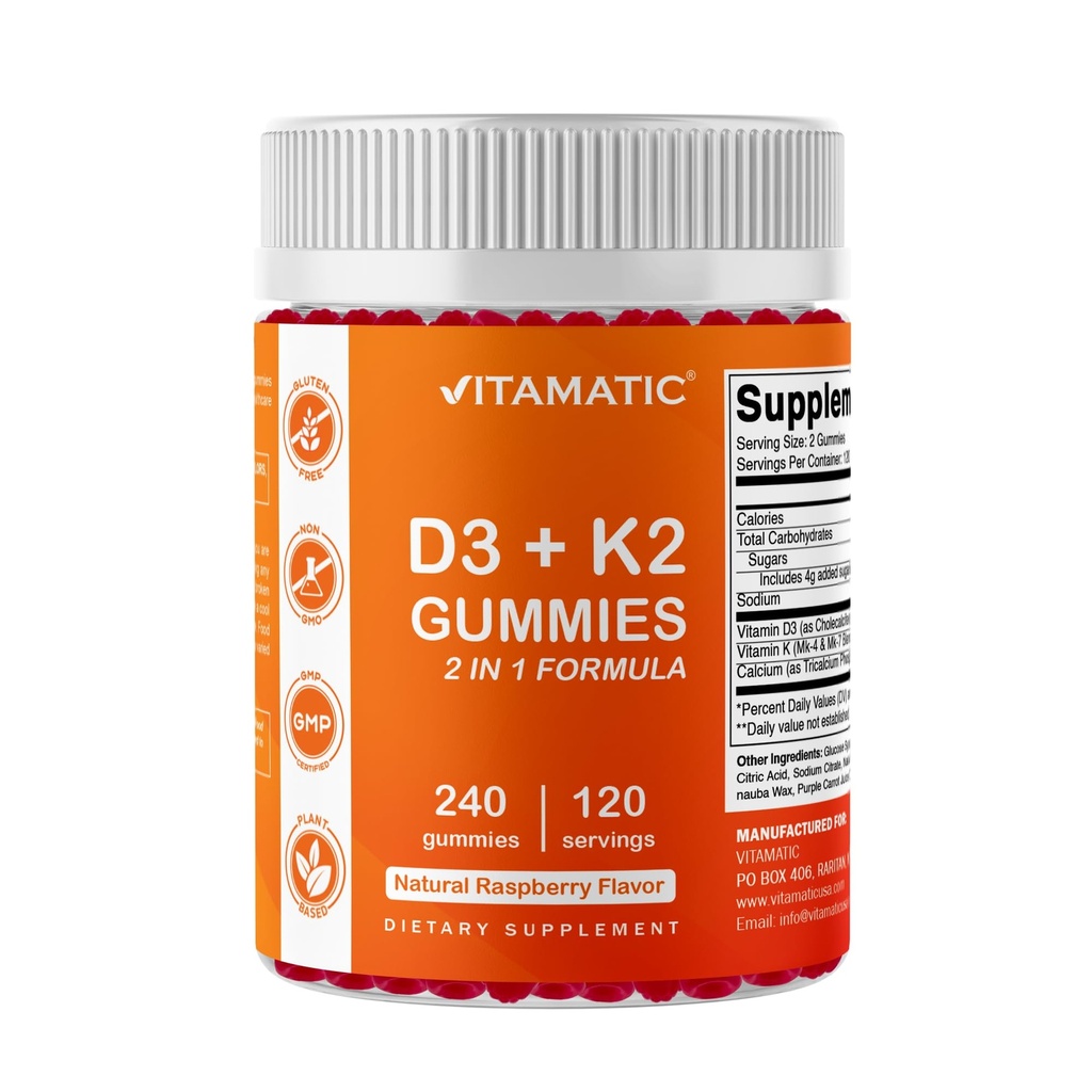 Vitamatic Vitamin D3 K2 with Calcium Gummies - 240 Count - Non-GMO, Gluten Free