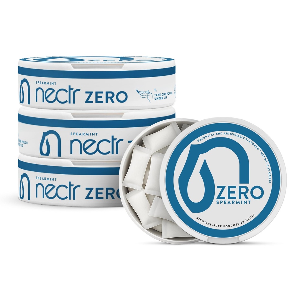 Nectr Energy Zero Pouches - No Caffeine, No Sugar, Zero Calories, Mini Pouches for Oral Fixation and Stress Relief - 4 Pucks of 20 - Spearmint Flavor