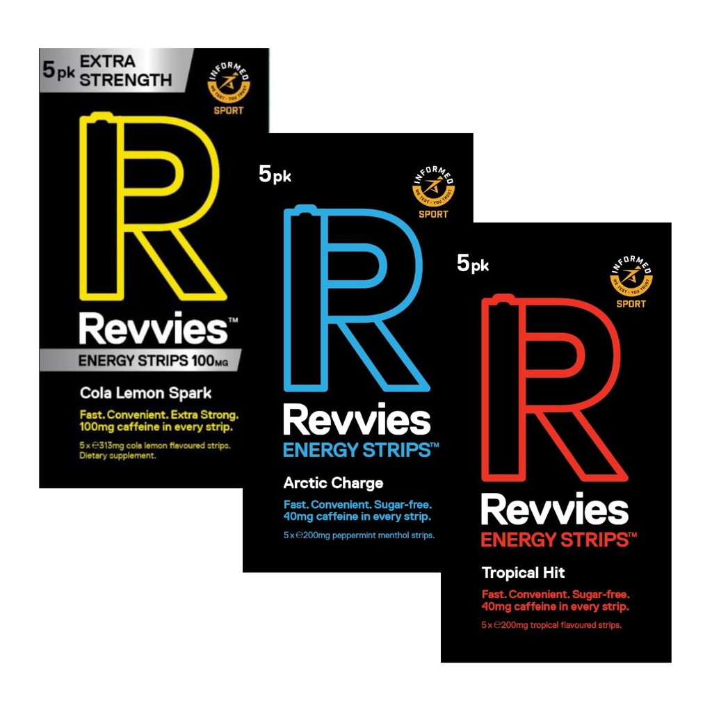 Revvies Energy Strips | Instant Boost | Suitable Pro Athletes | 15 Strips | 40mg Caffeine | Easy On The Stomach | Great for Exercise | Vegan | Sugar-Free | 3 x 5Pk