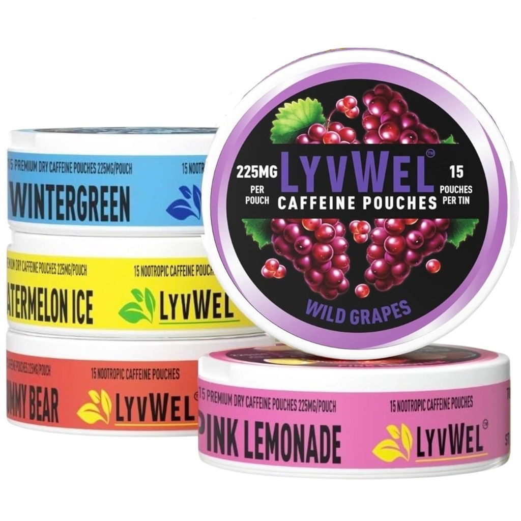 LyvWel 225mg Pouches d'énergie caféine : focalisation nootropique et soutien neurologique : solution sans tabac, sans nicotine, sans énergie rapide.