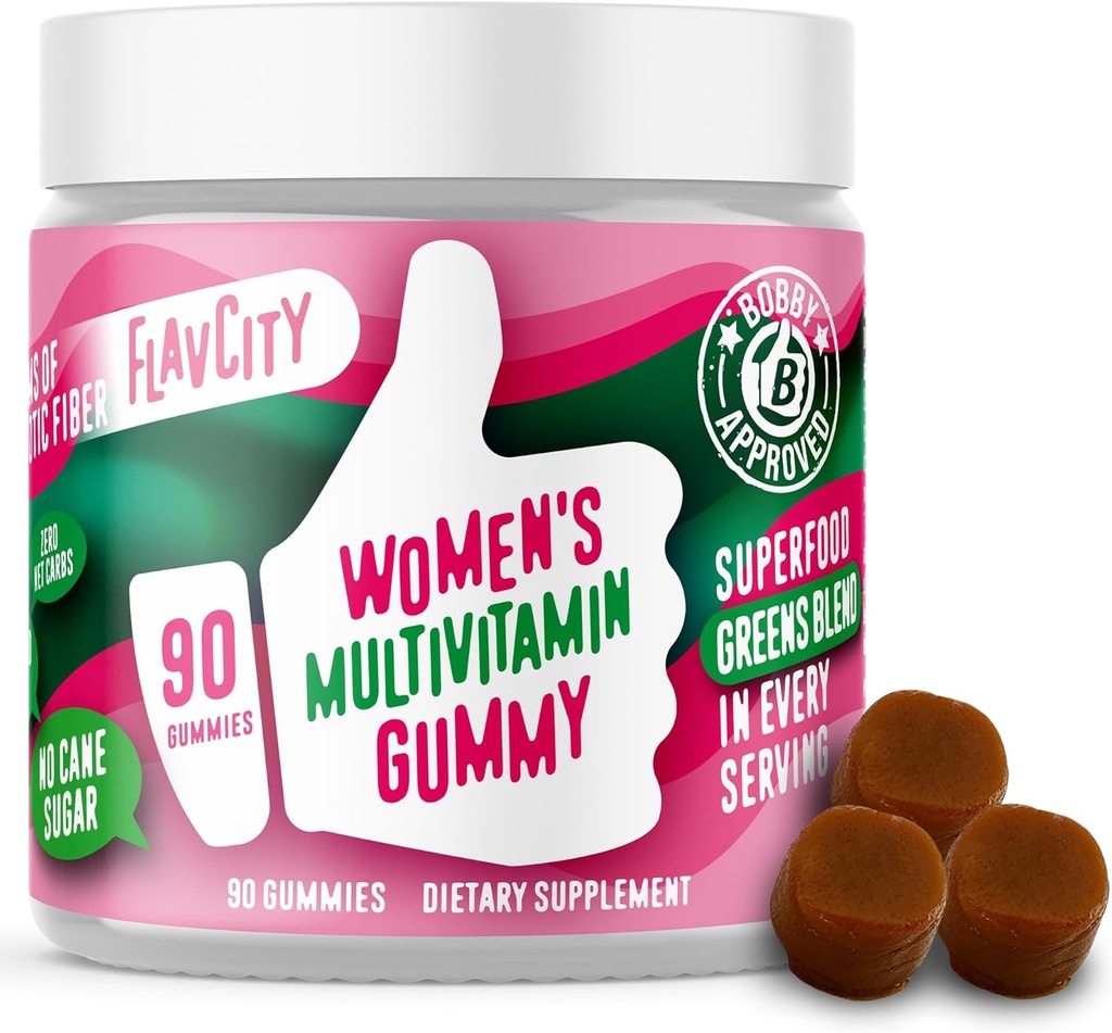 FlavCity Womens Multivitamin Gummy - Daily Multivitamin Gummis für Damen - Premium Vitamine, Mineralstoffe & Prebiotic Fiber - No Cane Sugar oder Seed Oils - Bio Wheatgrass, Moringa & More (90 Gummi)