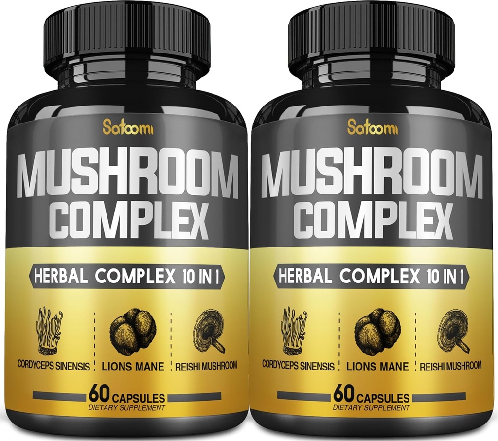 Satoomi 10in1 Compléments complexes de champignons Capsules - Approvisionnement de 4 mois - Mélanges avec Lions Mane, Cordyceps, Reishi, Chaga, Maitake, Shitake et autres - 2 Packs 60 Capsules