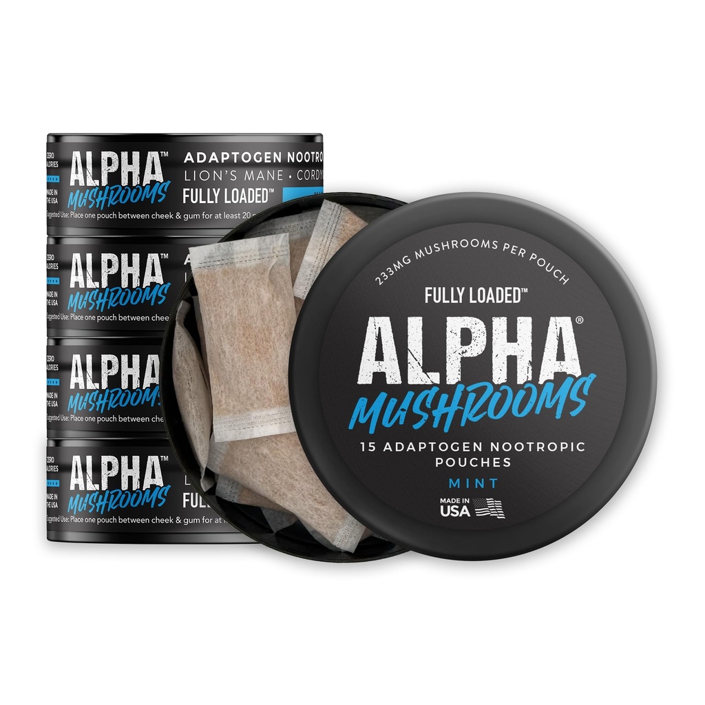 Mushrooms Alpha completamente caricati - Adaptogen Nootropic Pouches (5-Pack, Mint) - Lion's Mane, Cordyceps, & Chaga - 75 Pouches Total (5 Cans, 15 Pouches per Can) - Funzionali funghi - Made in USA