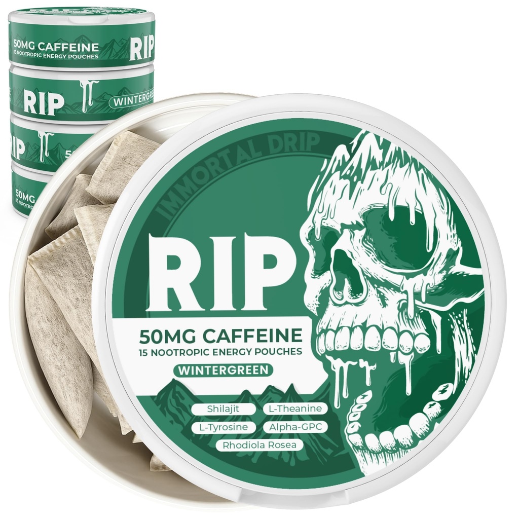 Immortal Drip RIP Nootropic Energy Pouches (Wintergreen) – 5 Cans – 15 Pouches per Can – Clean Energy & Focus Support – 50mg Caffeina, Shilajit, Alpha-GPC, L-Tyrosine, Rhodiola
