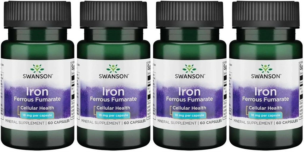 Swanson Iron (Ferrous Fumarate) - Mineralische Ergänzung Förderung der Energieunterstützung - Hochkonzentrierte Formelassistenten in der Sauerstoff-Lieferung & Fettsäuren Stoffwechsel 60 Sgels (4 Packung)