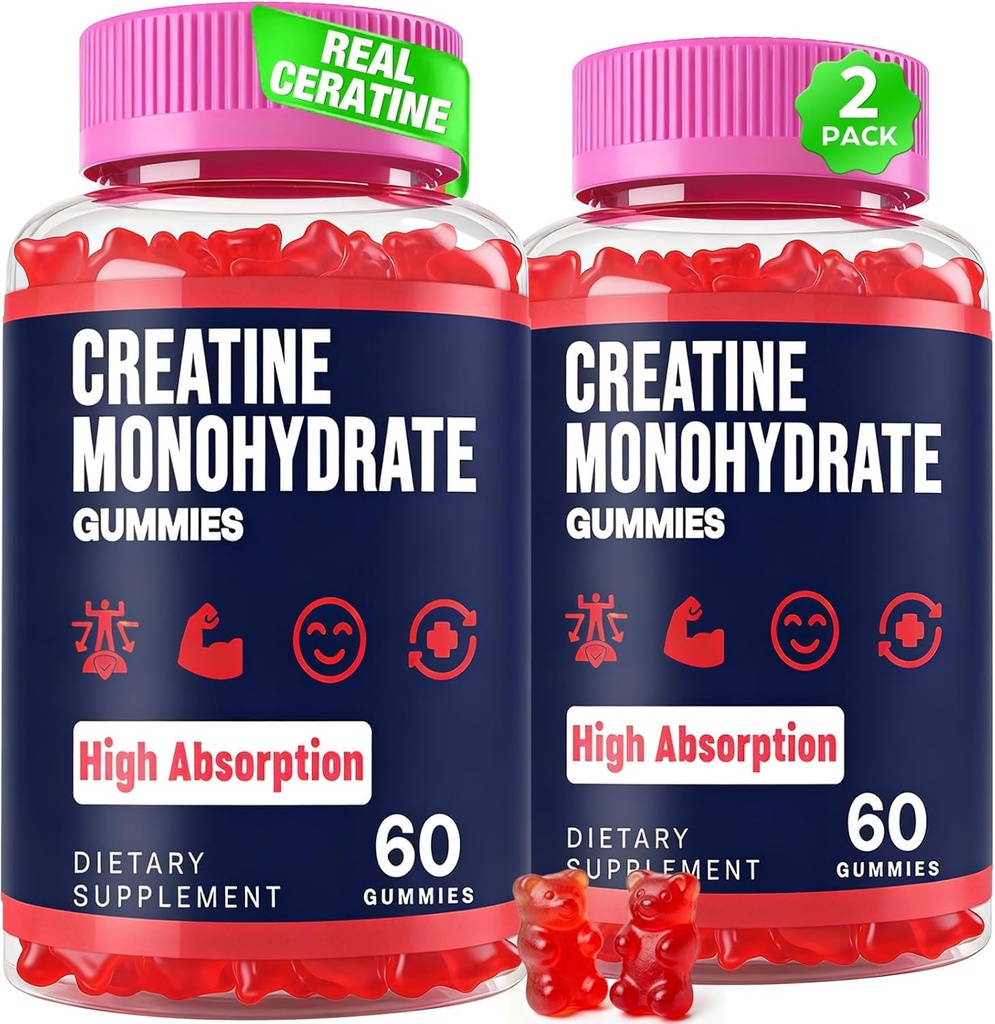 Creatine Monohydrate Gummis für Damen und Herren, Taurine & B6, Kaubare Creatina Pre Workout Gummis für Max Strength & Muskelwachstum, Energie, Ausdauer, Kreatin für Herren & Frauen - 2 Flaschen