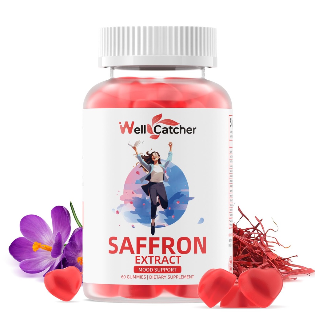 Gummie di zafferano per adulti Bambini - Supplemento di Estratto di zafferano organico per le donne Zucchero gratuito per il sostegno di equilibrio del mood Migliore metabolismo del sonno con vitamine Non OGM Fragola aromatizzata 30 giorni di alimentazione