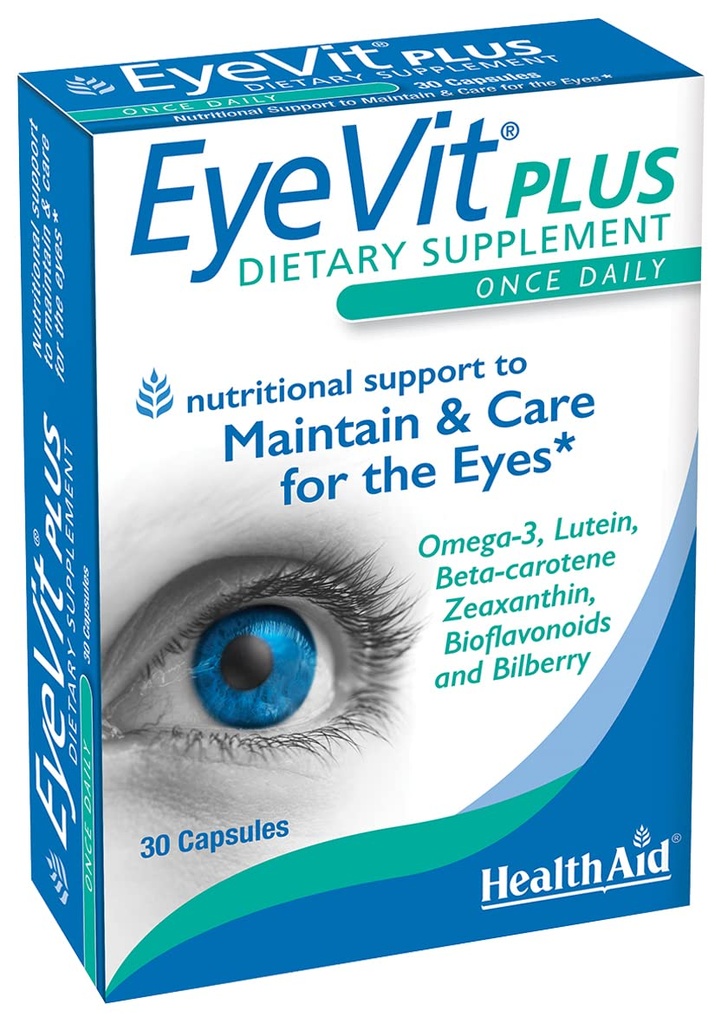 EyeVit Plus – Einmal-Daily Eye Health Supplement | 30 Kapseln | Enthält Omega-3, Lutein, Beta-Carotene, Zeaxanthin, Bioflavonoide & Bilberry