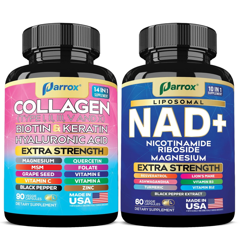 Collagen + NAD+ Bundle – Hydrolyzed Collagen Peptides with Biotin, Keratin, Hyaluronic Acid & Antioxidants + Advanced Liposomal NAD+ with Resveratrol, B Vitamins & Adaptogens