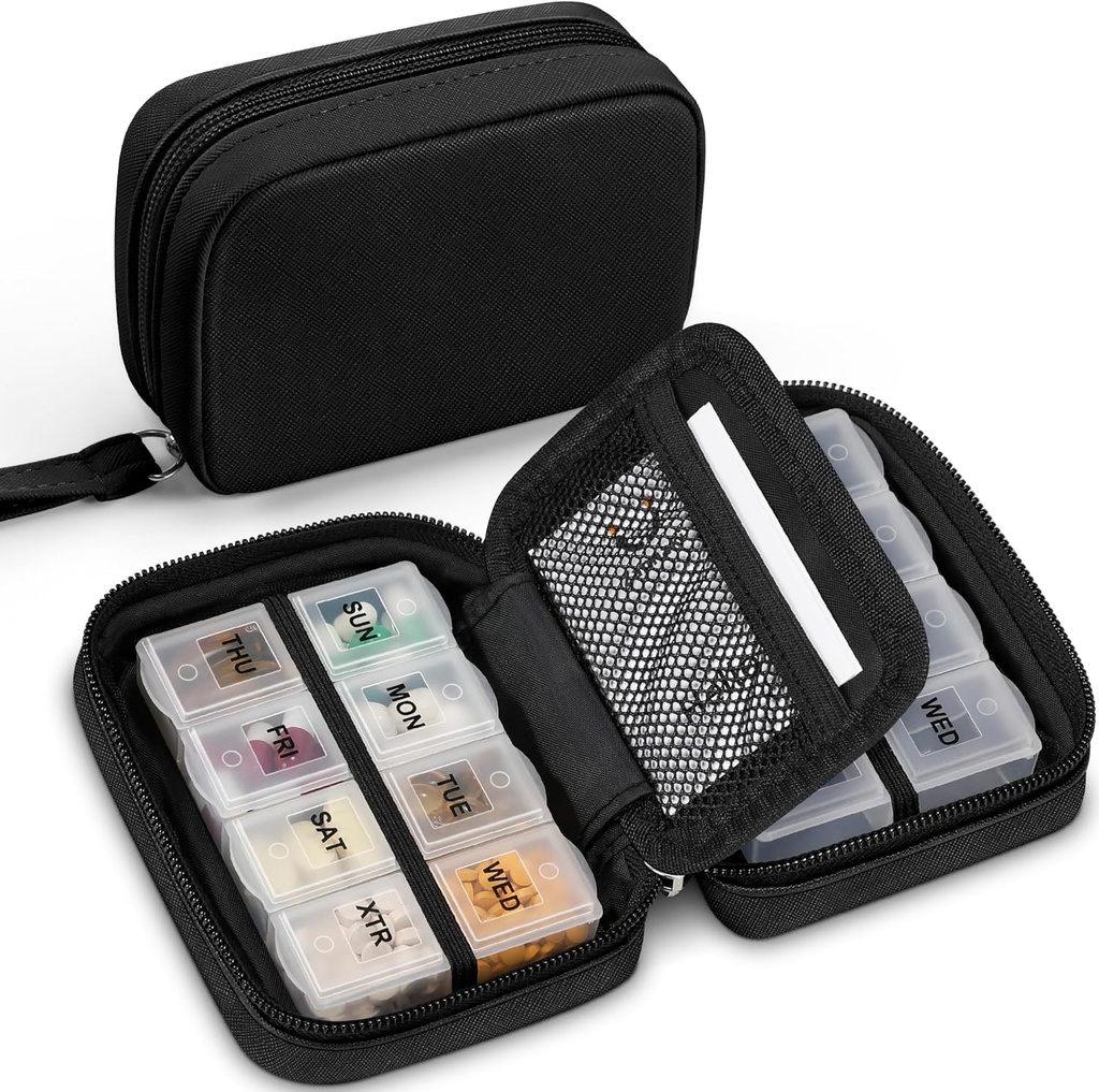 Zannaki niedliche Pille Organizer für Geldbeutel mit zwei abnehmbaren 7-Tage Pille Box, Reise PU Leder Pille Fall, Tragbare Wöchentliche Pille Container mit Aufbewahrungstasche Vitamine, Fischöle, Beilagen (schwarz)