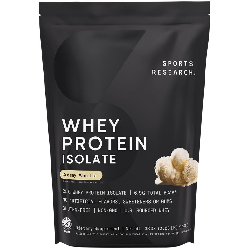 Sports Research® Whey Protein Isolate - Sports Nutrition Protein Powder 25g per Serving - 2.06lb Bag Whey Protein - Vanilla Flavor - Bulk Protein Powder, 26 Servings