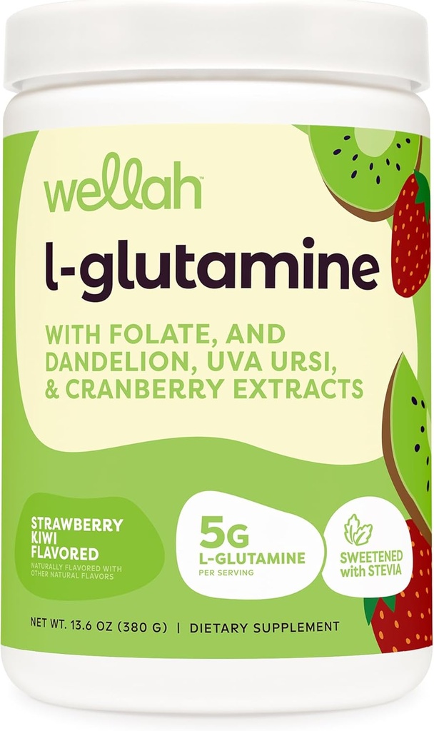 Wellah L-Glutamine Poudre de fraise Kiwi (50 portions) - 5g L-Glutamine par portion, sucré avec Stevia