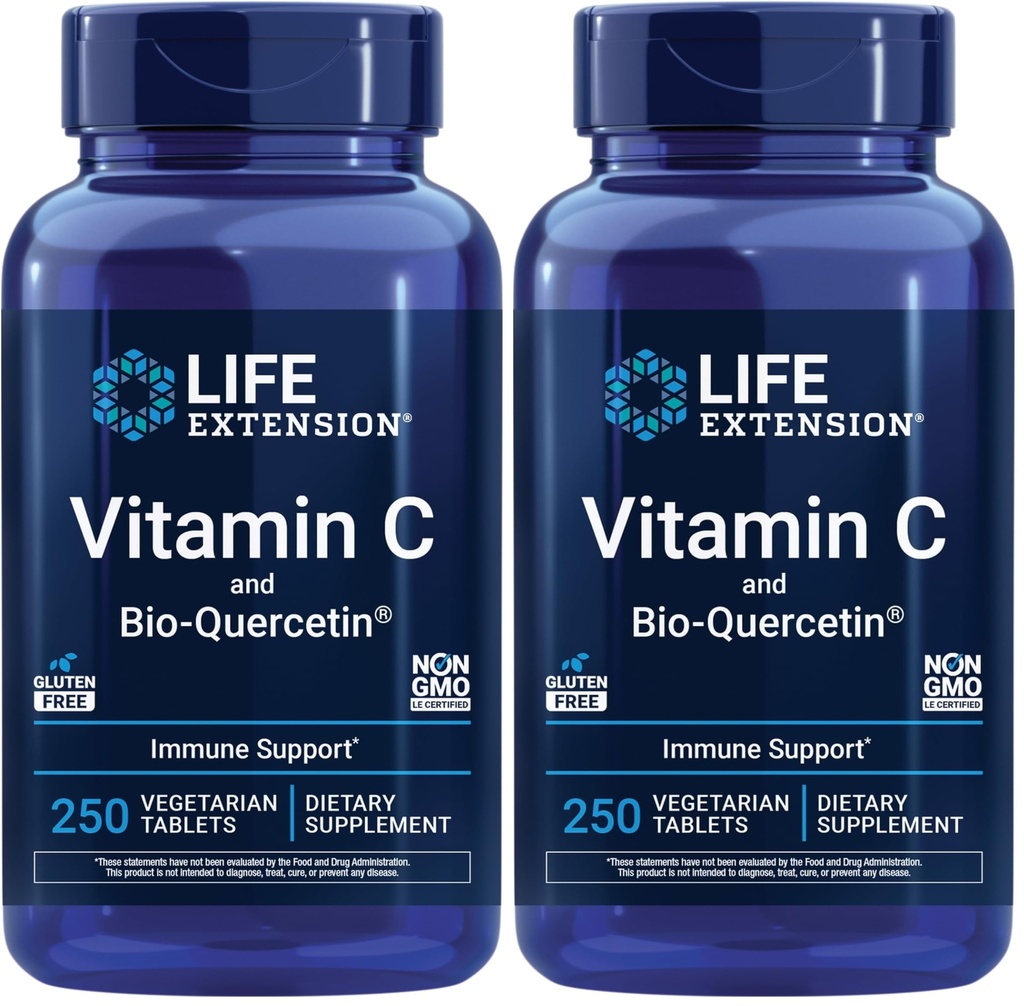 Lebensverlängerung Vitamin C und Bio-Quercetin®,Cardiovascular Health Supplement,Immune-Unterstützung, Highly Absorber,quercetin,Vitamin C,Gluten Free,Non-GMO,Vegetarian,250 Tabletten,(Pack von 2)