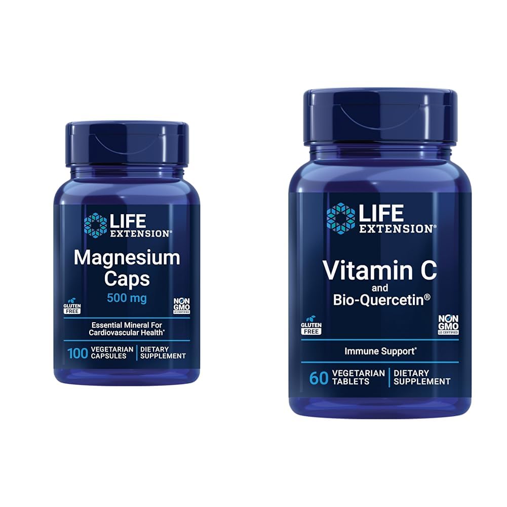 Life Extension Magnesium Caps 500mg, Vitamin C 1000mg with Bio-Quercetin Phytosome - Heart, Bone, Immune Health - 200 Vegetarian Capsules