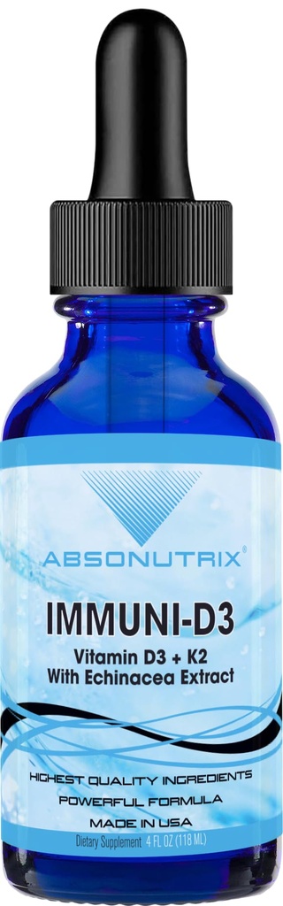 Absonutrix Vitamin D3 K2 Drops, 390mg, 4 Oz Liquid, 302 Servings, Made in USA, Quick Absorption, Quality Potent Ingredients, Non-GMO, GMP Certified, Cruelty-Free Products, (Immuni-D3)