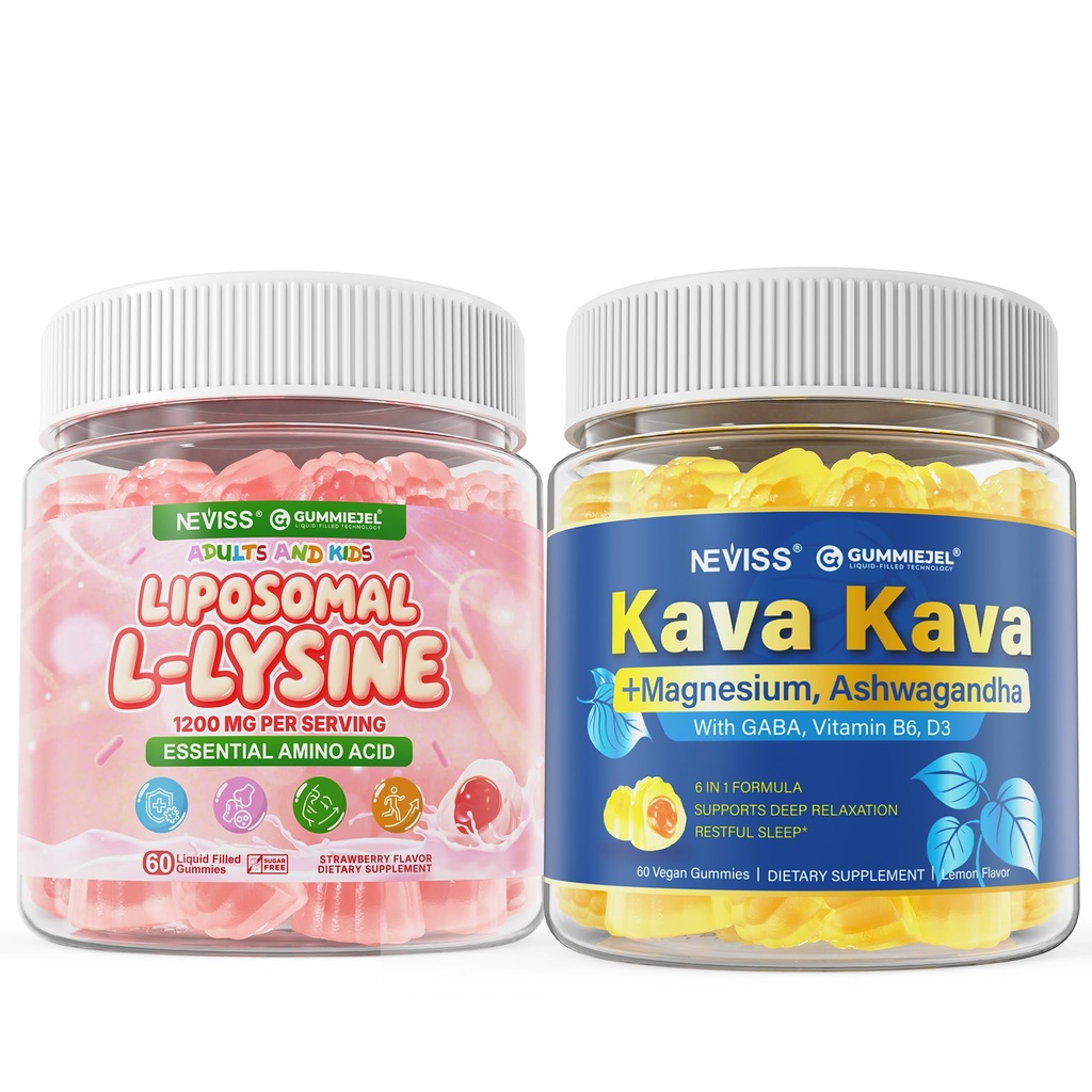 NEVISS Kava Kava Gummies for Calm + Liposomal L-Lysine Gummie 1200mg for Immune & Skin Support