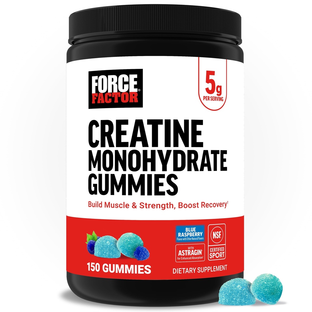 Force Factor Creatine Monohydrate Gummies, NSF Certified, 5g Dose for Men & Women to Support Muscle, Strength, Recovery, Cognitive Health & Memory, Packaging May Vary, Blue Raspberry, 150 Gummies