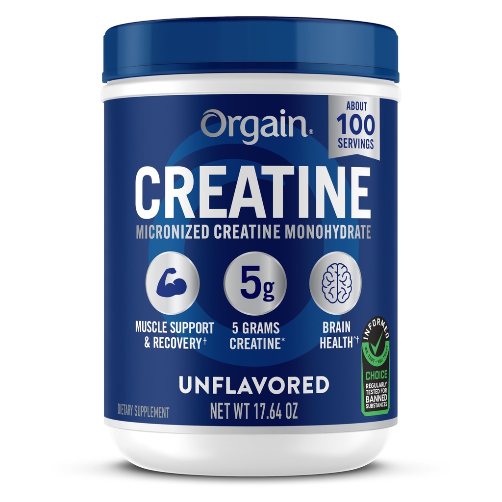 Orgain Creatin Monohydrat Mikronisiertes Pulver, 100 Servierungen, Unflavored, unterstützt Muskelwachstum, Post Workout Erholung und Gehirngesundheit, keine künstlichen Additive, für Männer & Frauen (Packaging Mai Vary)