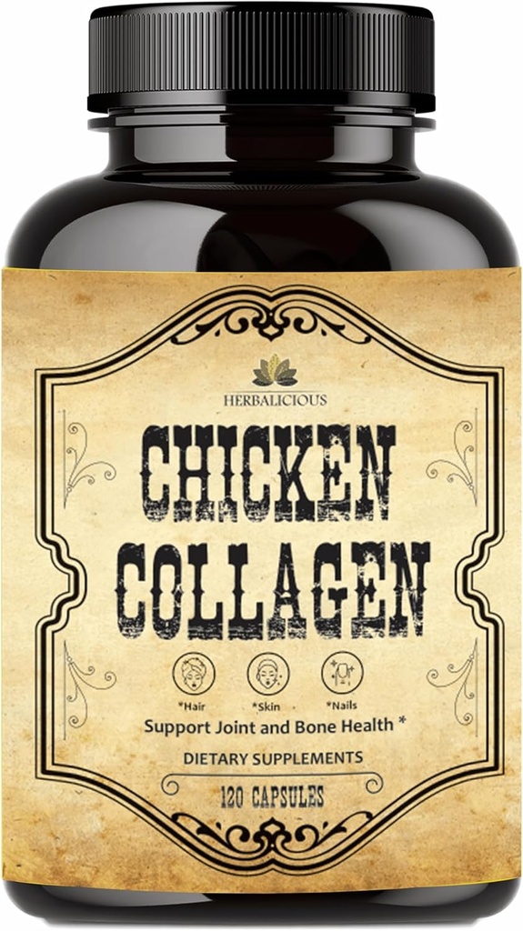 Gélules de collagènes de poulet HERBALICIEUS – Supplément de collagène pour le soutien des articulations, de la peau et des os – Peptides de collagène hydrolysés du bouillon de poulet – Non-OGM, Anti-Age – 120 capsules