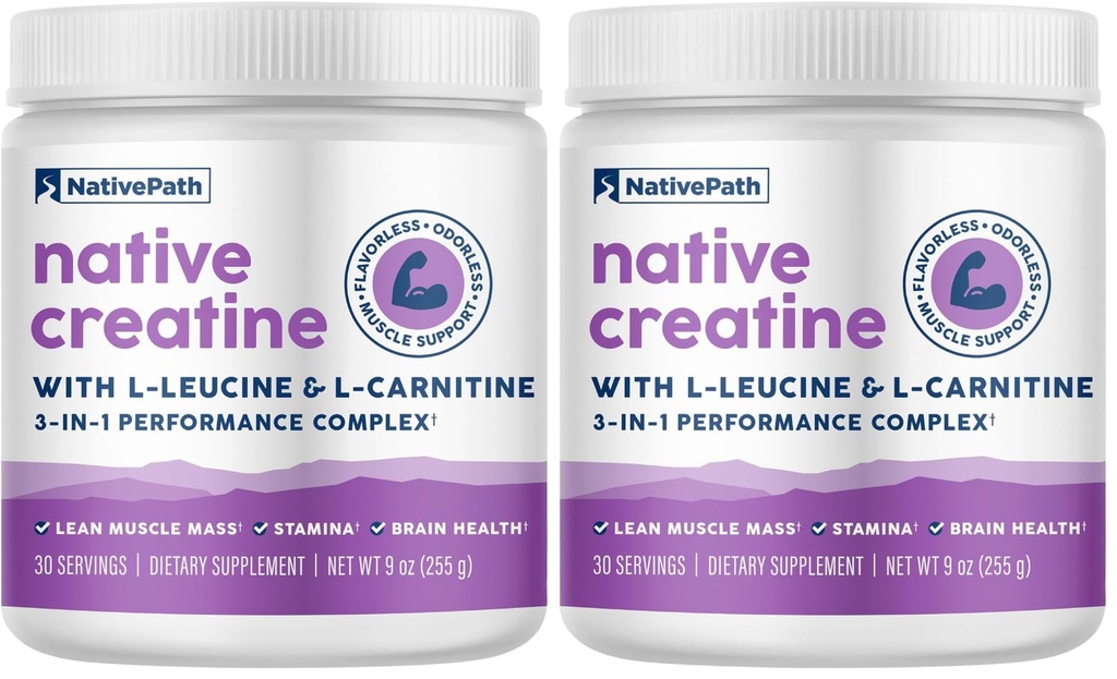 NativePath Creatine Monohydrate Powder with L-Leucine & L-Carnitine - Muscle Building Supplement for Men & Women - 30 Servings (Pack of 2)