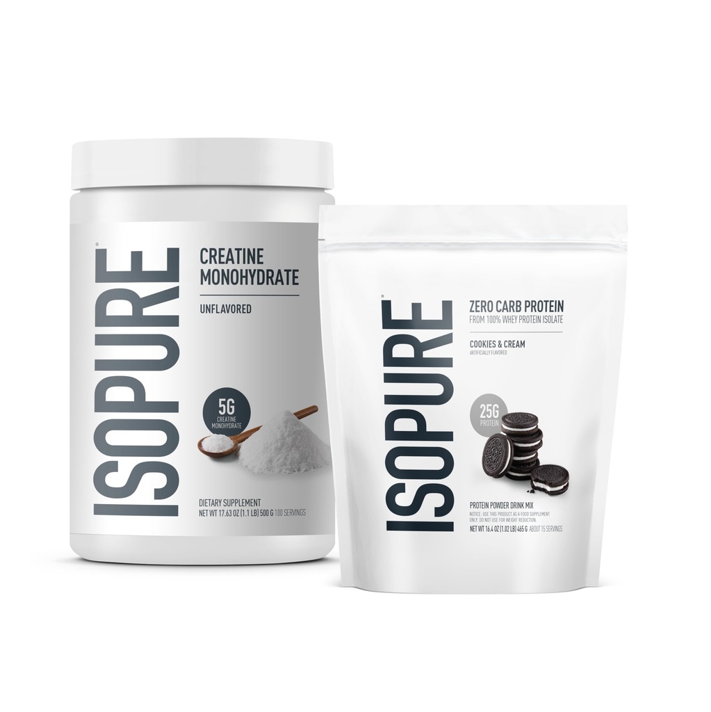 Ensemble isopure de Zero Carb 100% Pure Whey Isolate Protéines Poudre, Cookies et Crème, 25g Protéines par portion, 1 Lb, 15 portions + Isopure 100% Pure Creatine Monohydrate Poudre, 100 portions