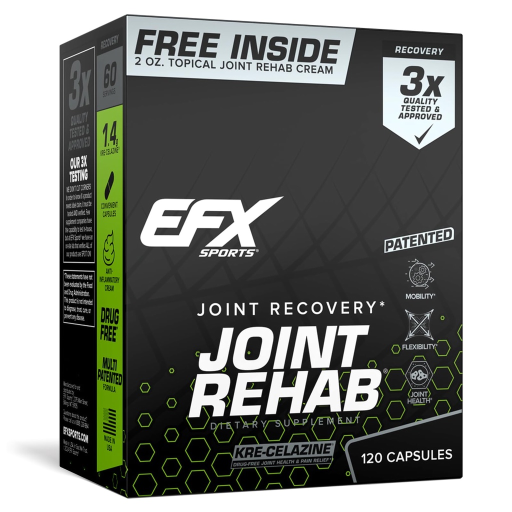 EFX Sport Joint Rehab Recovery Kit | Alimentato da Kre-Celazine® | per la mobilità & Joint Health | 120 capsule Kre-Alkalyn Creatine + 2 oz Topical Cream