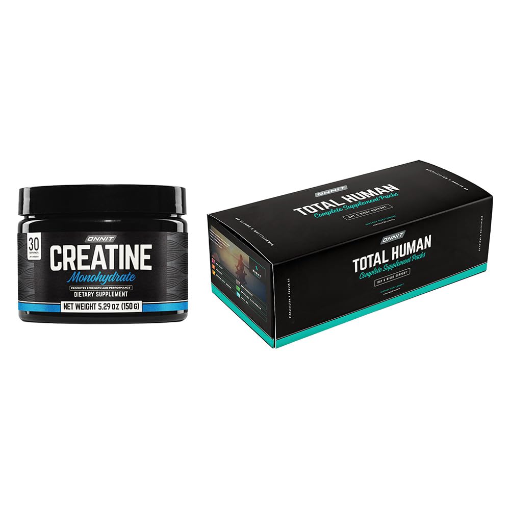 ONNIT Ensemble total de bien-être et de performance : Ensemble total de multivitamines humaines (30 jours d'approvisionnement) + poudre monohydratée de créatine (30 portions), IGEN non-OGM testé énergie, concentration et force, paquet de 2