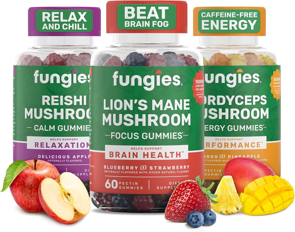 Fungies Mushroom Gummy 3-Pack Bundle, Lion's Mane, Cordyceps & Reishi Gummies per adulti - Mushroom Gummies Supports Salute del cervello, Salute del fegato, Energia e benessere quotidiano - 180 Servings