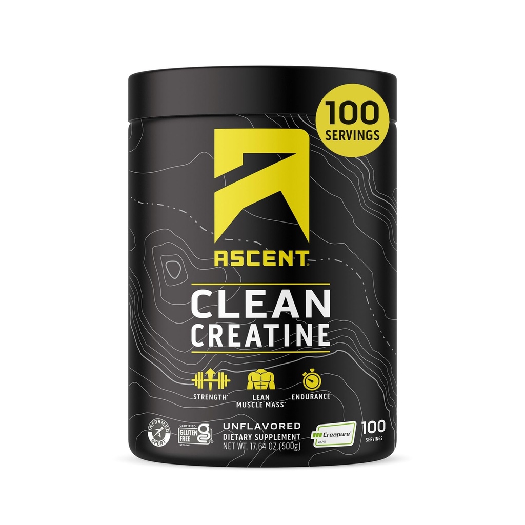 Ascent Clean Creatine Monohydrat Pulver - 5G Pro Servieren, Creapure Creatine Supplement - Unflavored, 100 Servierungen