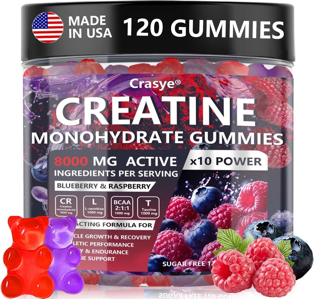 Creatina Gummies Complesso 8000mg per uomini e donne Creatina Monoidrato Gummy con BCAA Taurina per la forza muscolare e l'energia Boost Zucchero Free PreWorkout Supplement - 120 Gummies
