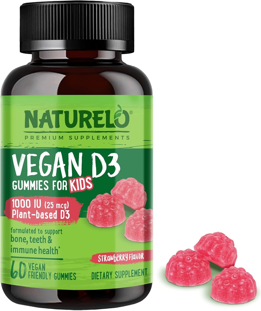 NATURELO Vegan D3 Gummies per bambini - 1000 IU Vitamin D3 - Integratore alimentare a base vegetale per bambini 4 e più vecchi - 60 Vegan-Friendly Gummies