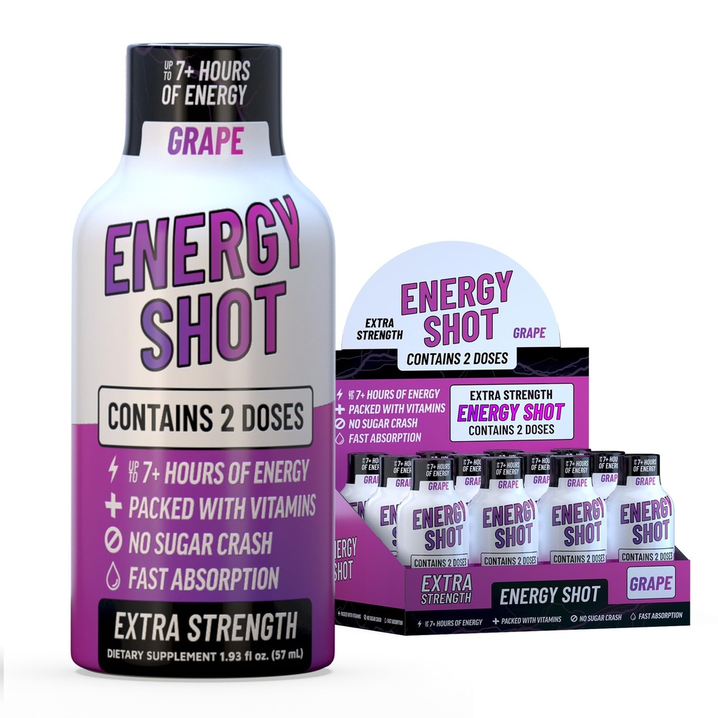 Grape Extra Strength Energy Shot 12 pk – 260mg Caféine naturelle B12 B6 – Energy & Focus Support – 2 portions Sans sucre Zéro calories Thé vert B-Vitamines Electrolytes Vegan – 1,93 fl oz