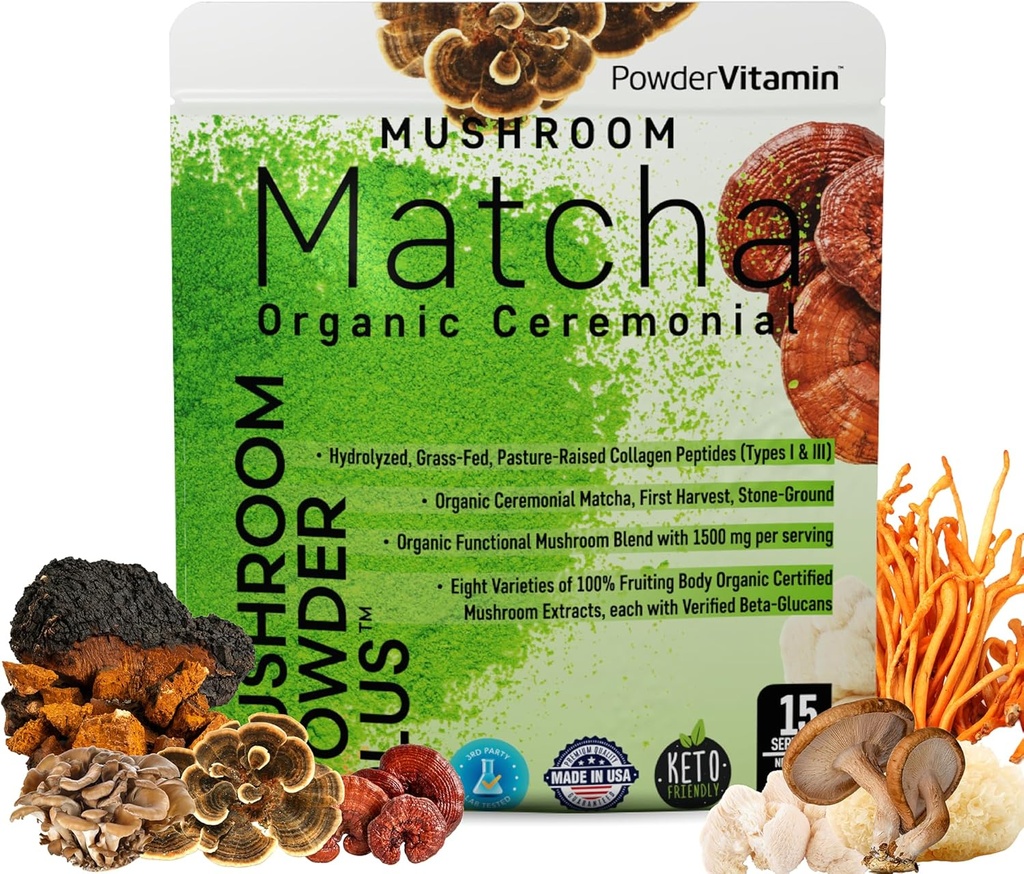 PowderVitamin Organic Mushroom Matcha Powder Certified Pesticide-Free Grass-Fed Collagen Types I & III, 8 Fruchtkörper Pilze Getestet für Beta-Glucans Fokus Verdauung &amp; Immunität 15 Servierungen