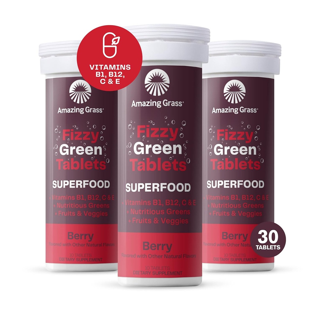 Amazing Grass Comprimés Vert Fizzy Superfood: Comprimé d'aromatisation d'eau vert Superfood avec des antioxydants et des verts alcalins, Berry, 10 comtes (paquet de 3)
