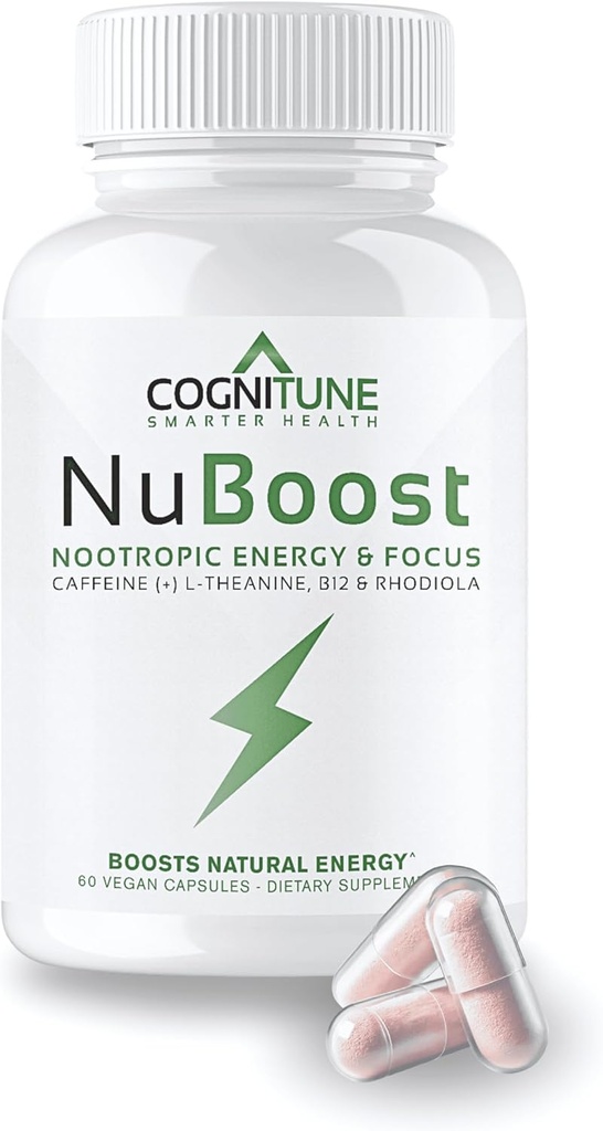 CogniTune NuBoost Energy & Focus Brain Supplement, Koffein L-Theanin, Vitamin B12, Rhodiola + BioPerine, Kein Crash, Jitter Free 100mg Koffein Pillen, Clean Nootropic Brain Booster, 60 Ct
