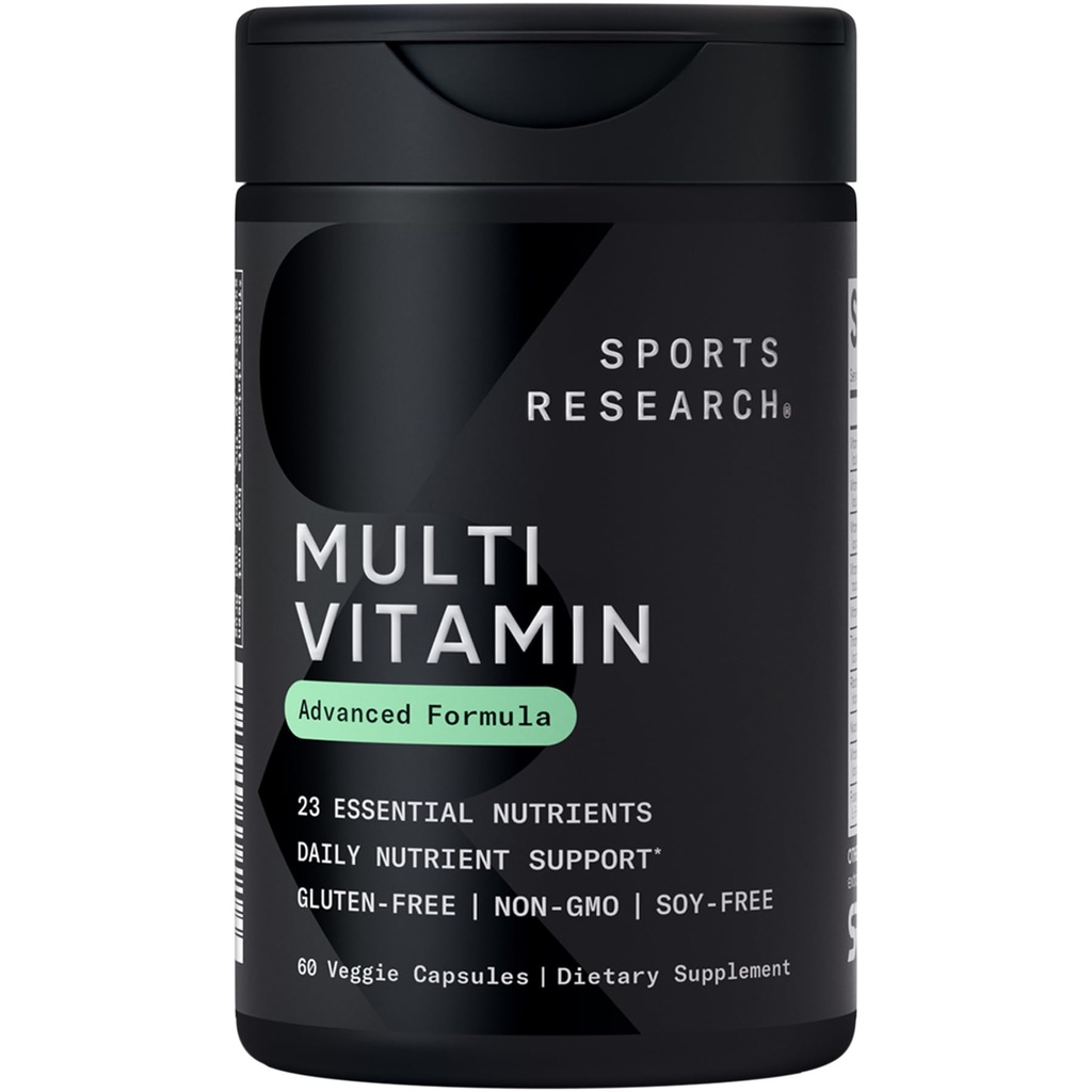 Sports Research® Multivitamin – Advanced Formula - 23 Essential Vitamins & Minerals with CoQ10 & Iodine - Daily Nutrient Support*- Non-GMO Tested & Gluten-Free -60 Veggie Capsules
