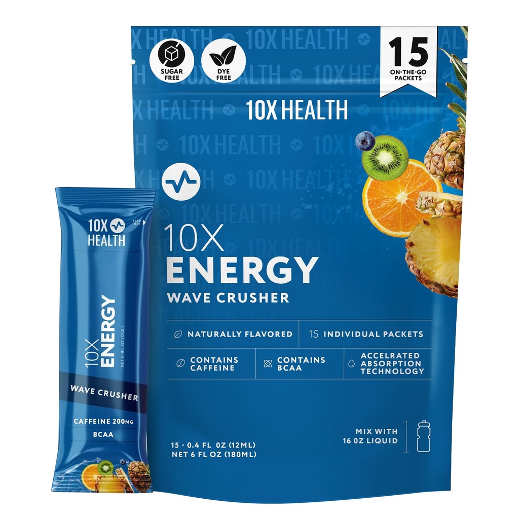 10X Santé - Concasseur de vagues d'énergie - Boissons énergétiques avec 200 mg de caféine, BCAAs, B Vitamines, Absorption accélérée - Punche tropicale avant l'entraînement - 15 paquets de boissons (Concasseur de vagues - Énergie)