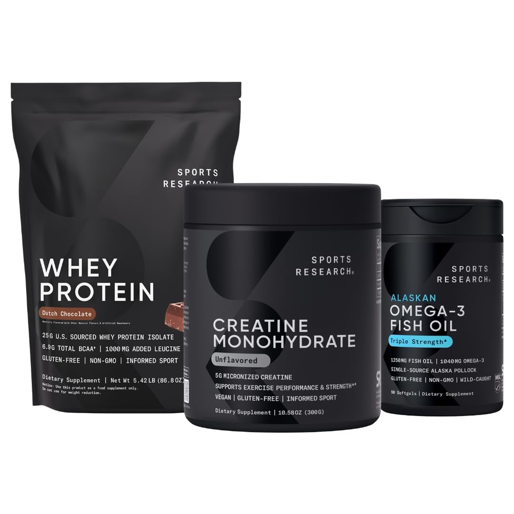 Sports Research® Whey Protein & Creatine Monoidrato il Duo dinamico per la costruzione muscolare magra, le prestazioni, la resistenza e il recupero di allenamento e Triple Strength Omega 3 imballato con acidi grassi EPA & DHA