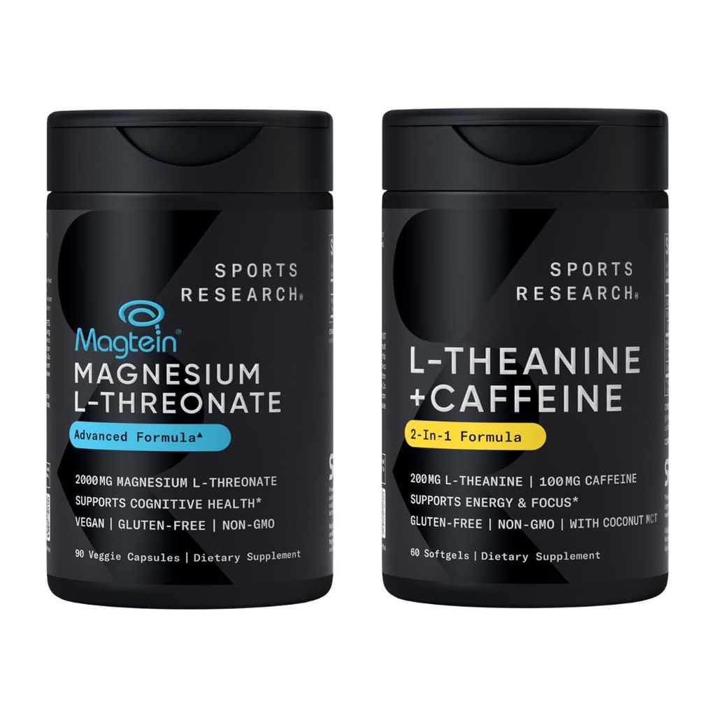 Sports Research® Thetawave Boost Pack - Magtein Magnesium L-Threonate Capsules 2000mg + L-Theanine Supplement with Caffeine & Coconut MCT Oil