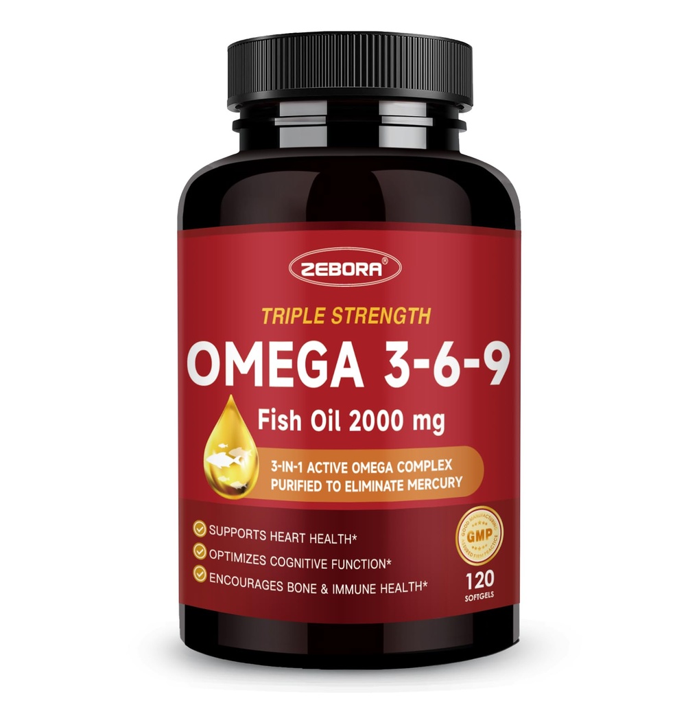 Triple Omega 3-6-9 Fish Oil 2000mg - High Potency with Vitamin D3 & Astaxanthin, Support for Heart, Brain and Immune Health - Includes Flaxseed & Borage, 60 Servings